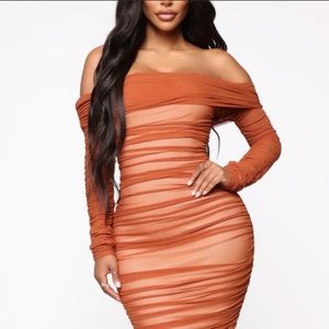 Off the shoulder ruched rust color fitted midi dress